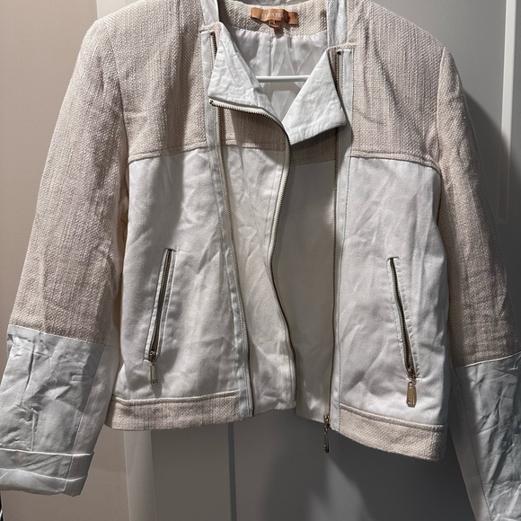 Ellen Tracy Off-White Asymmetrical Zip Faux Leather & Tweed Crop Jacket - Picture 1 of 11